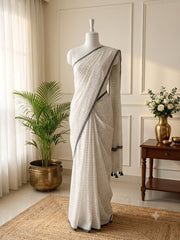 CLOUD LOOM🌩️🖤WHITE WITH CHARCOAL GREY CHECK DESIGN SOFT MUL COTTON SAREE (SU 837)