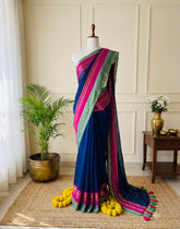 NAVARATNA🌺✨DARK BLUE WITH RANI PINK GOLDEN ZARI BORDER MUL COTTON SAREE (SU 831)