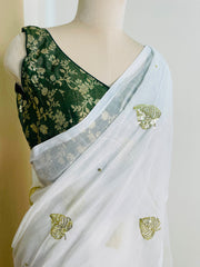 AHALYA🌼✨LEAF GOLD SEQUENCE EMBELLISHED WHITE SAREE (SU 807)