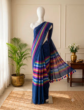 MAYA🍃NAVY BLUE WITH MULTICOLOURED STRIPES KHADI MUL COTTON SAREE (SU 850)
