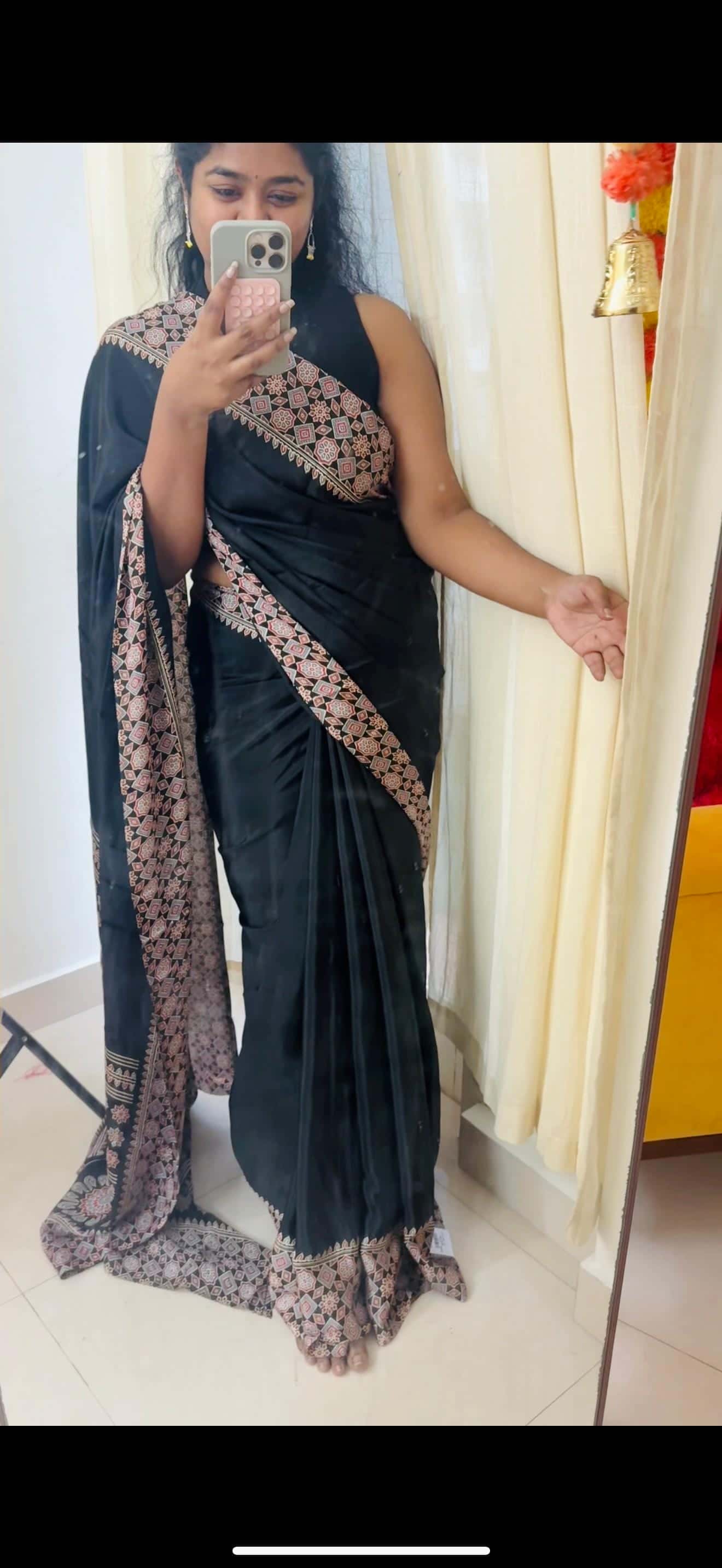 Black Ajrak semi modal silk saree