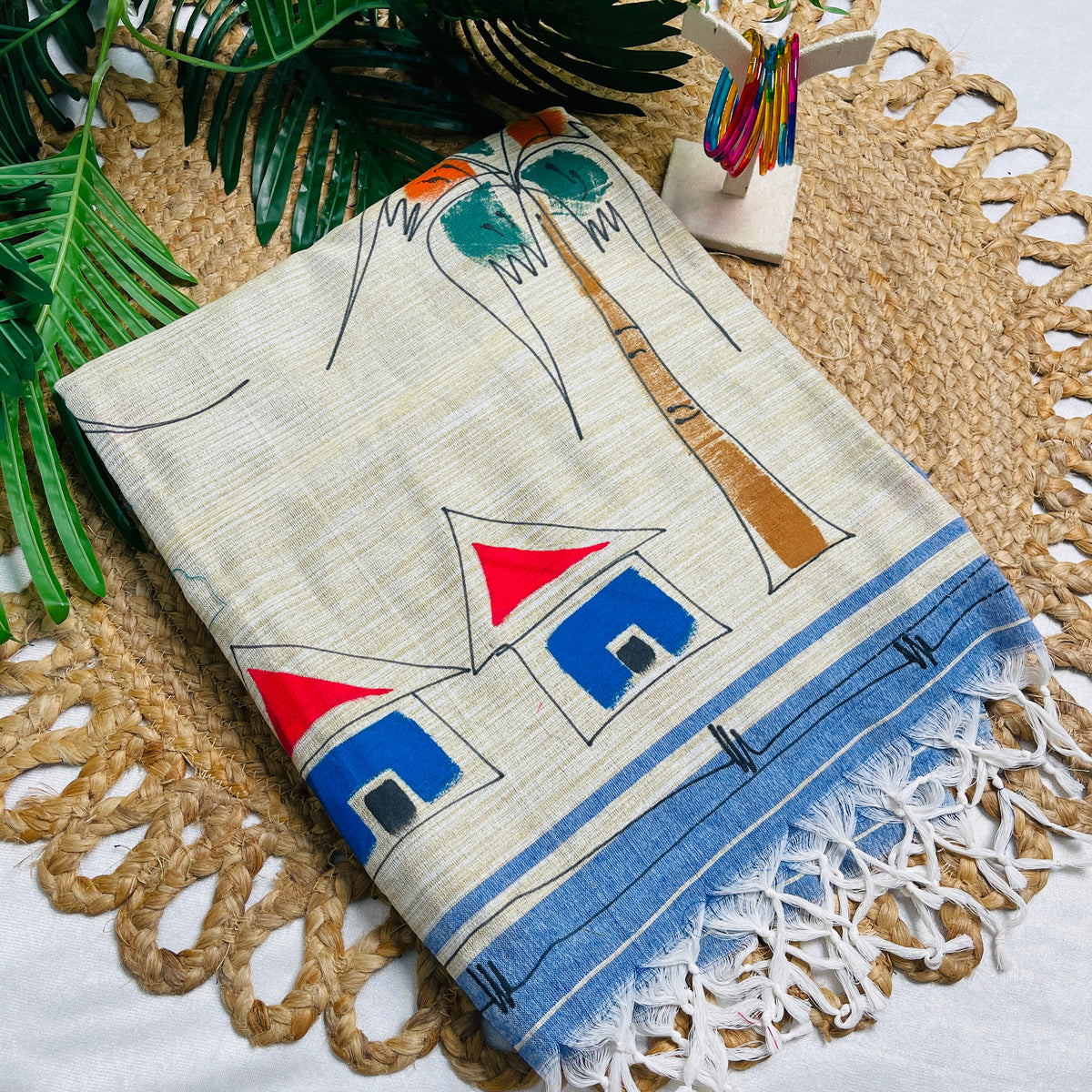 BLUE HAMLET🏠💙OFF WHITE WITH LIGHT BLUE HAND PAINTED KHADI COTTON SAREE (SU 836)