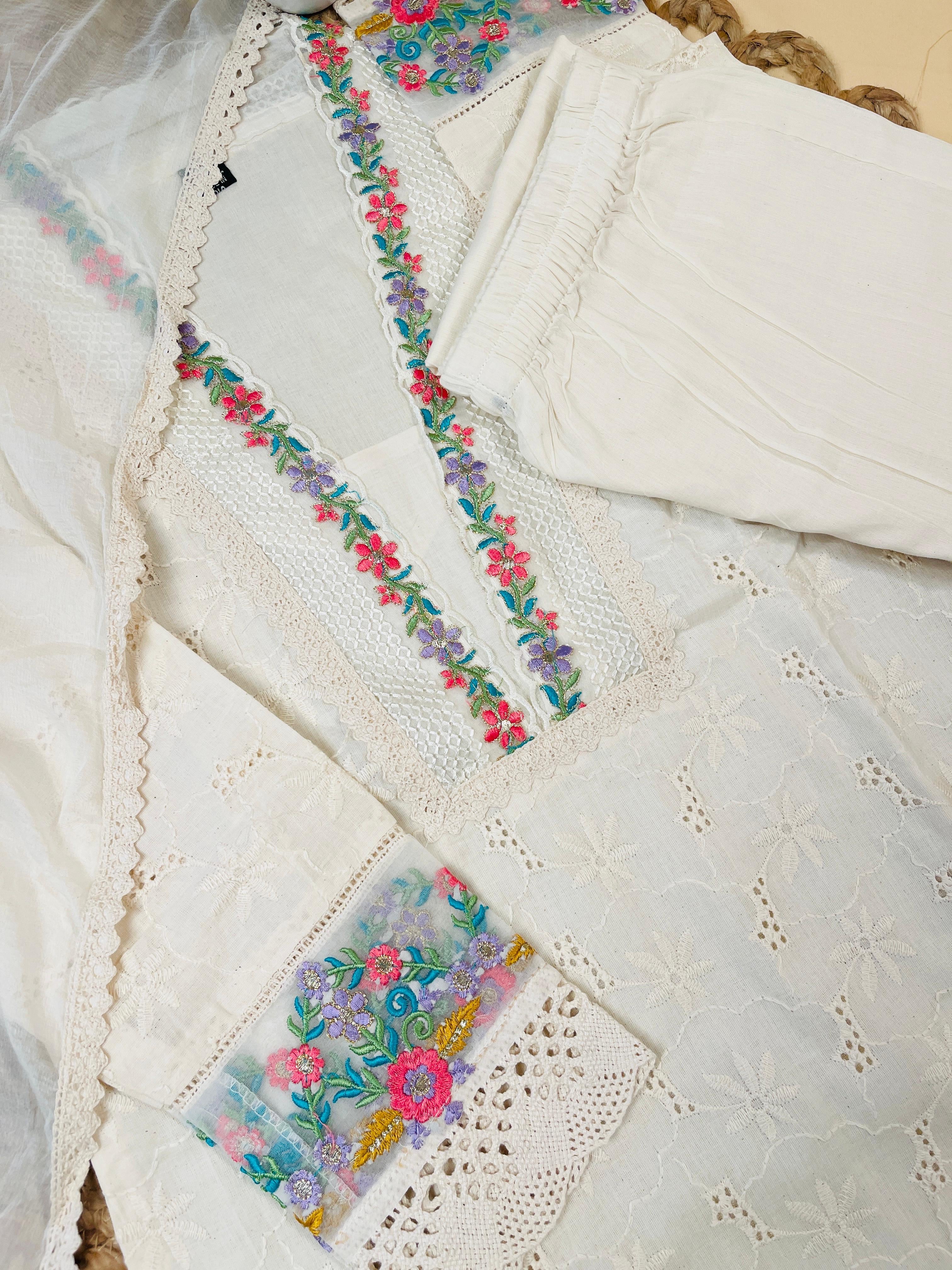 Off white Hakoba Salwar Suit With floral Work - Elegant Salwar