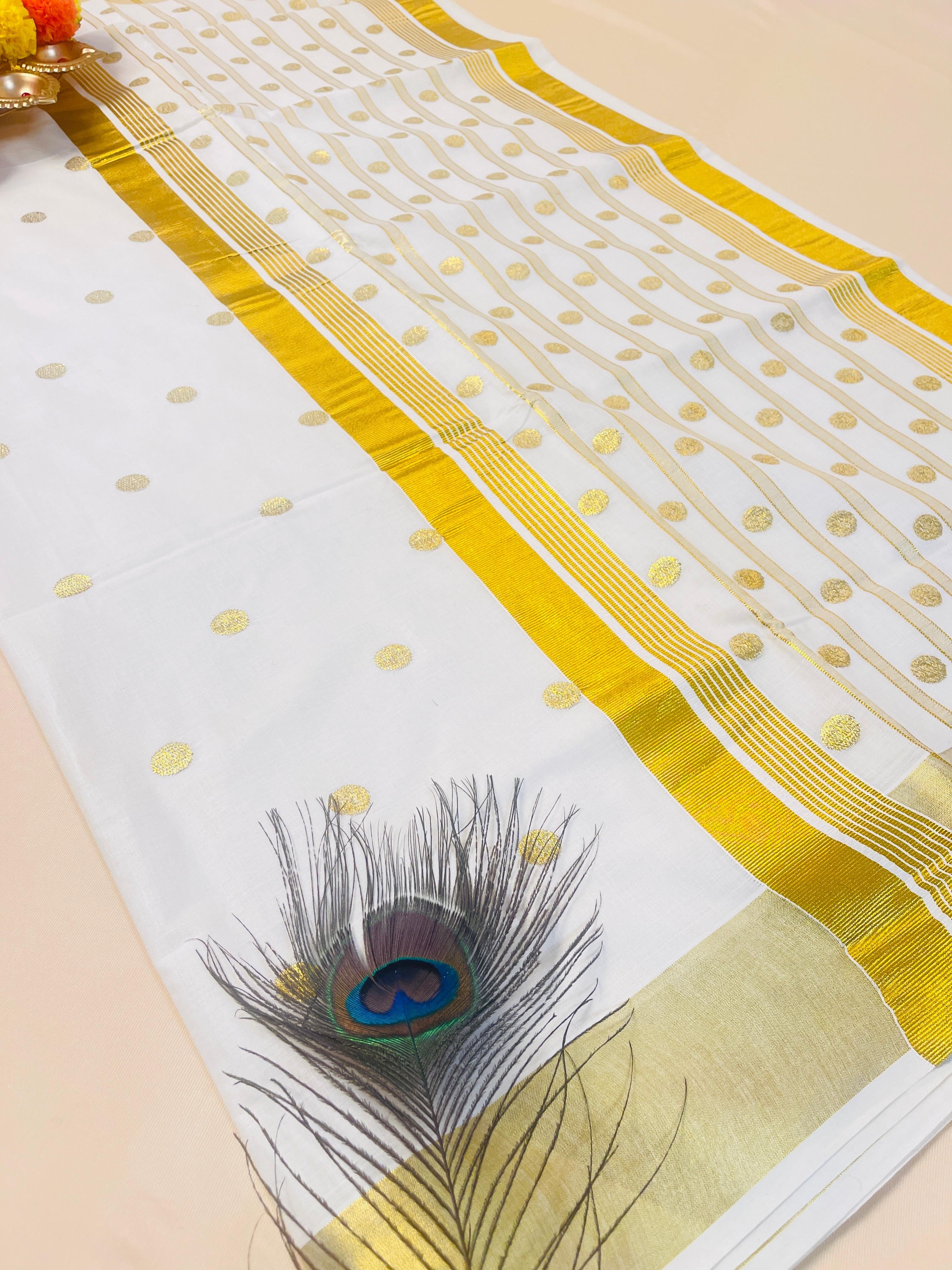 SU 574 Kerala Kasavu Saree with Golden Polka Dots & Border