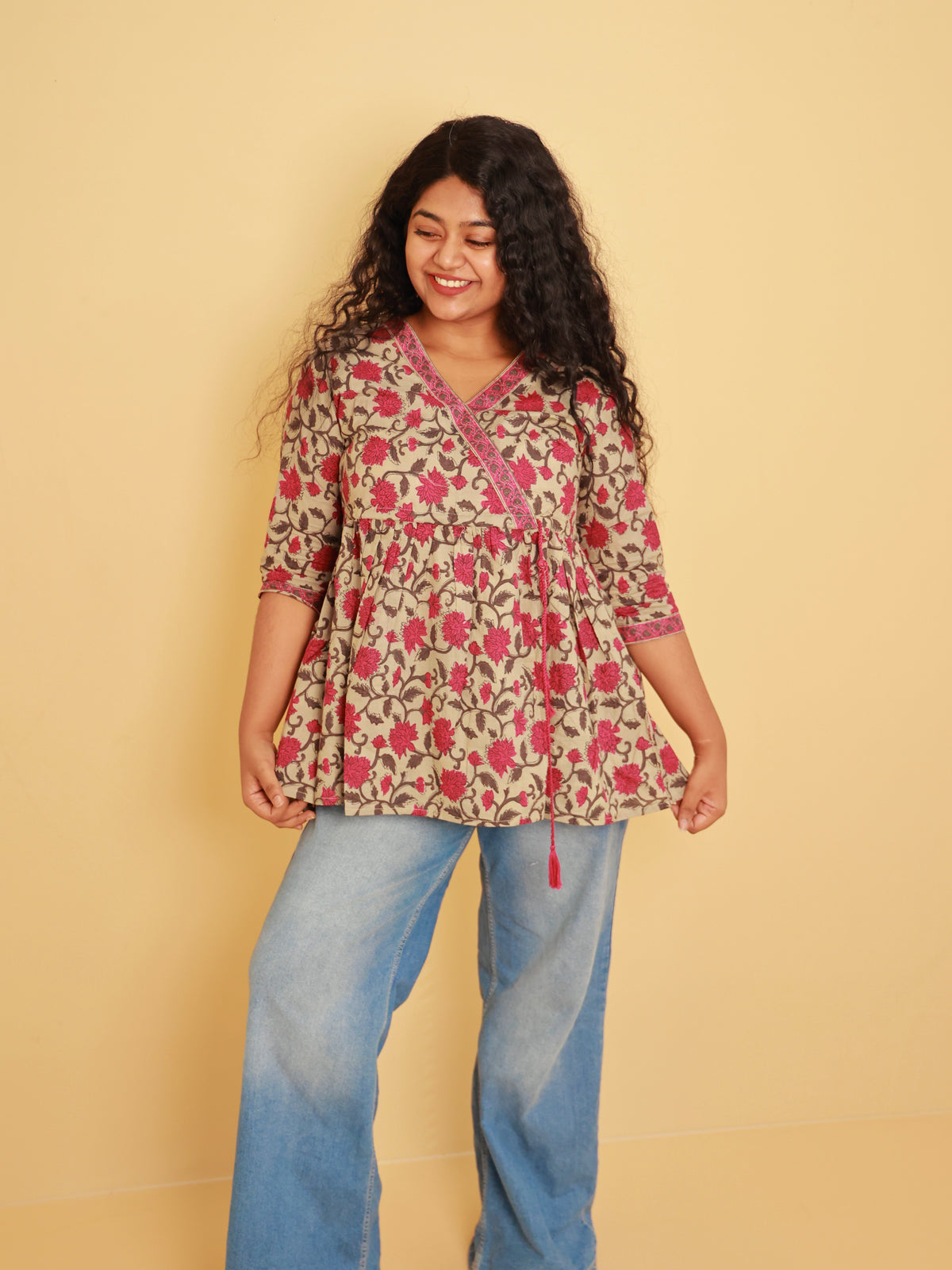 SEIGE GREEN WITH ROSE  SHORT KURTHI (SU406)