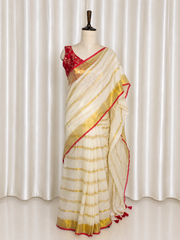മധുബാല✨❤️TRADITIONAL KASAVU WITH RED BORDER & GOLDEN STRIPES MUL COTTON SAREE (SU 874)