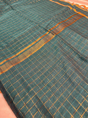 THARA🦚✨PEACOCK GREEN WITH GOLD ZARI CHECKS MUL COTTON SAREE (SU 870)