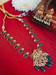 Traditional Temple Design Necklace with Earrings – Green, white & Gold