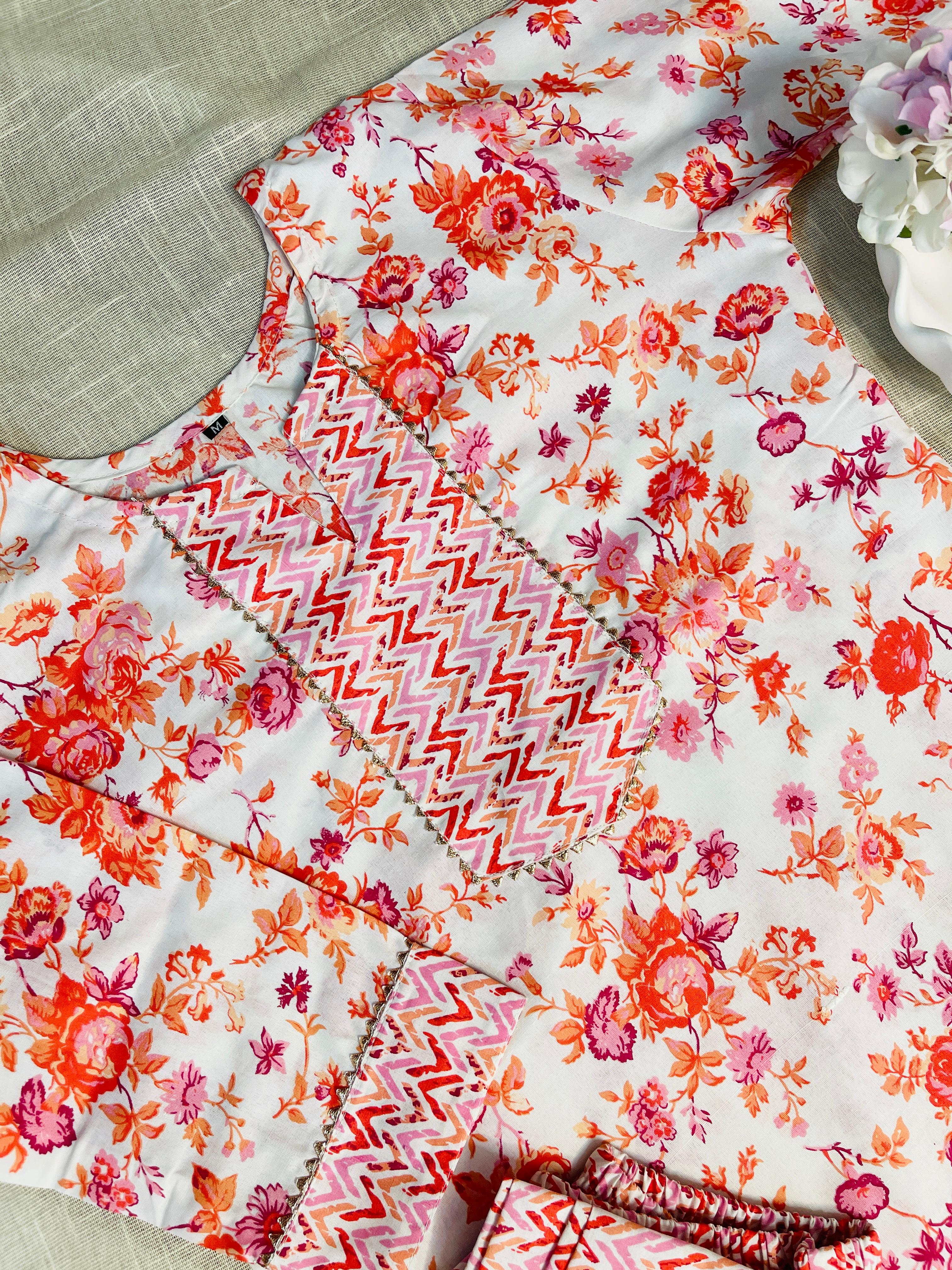 White kurti with floral print & Pants