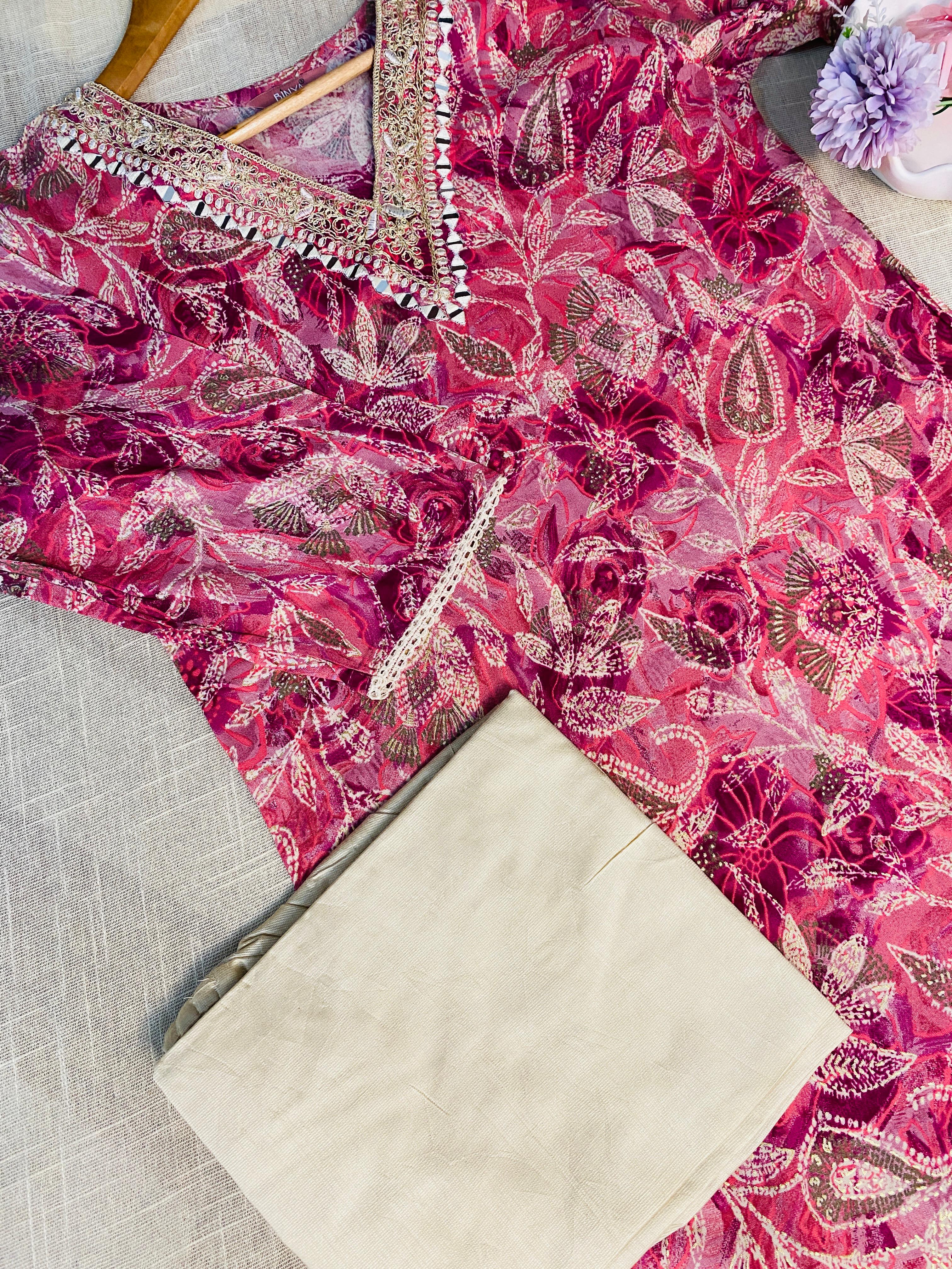 Pink top v neck mirror, cream pants & dupetta