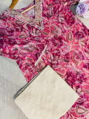 Pink top v neck mirror, cream pants & dupetta