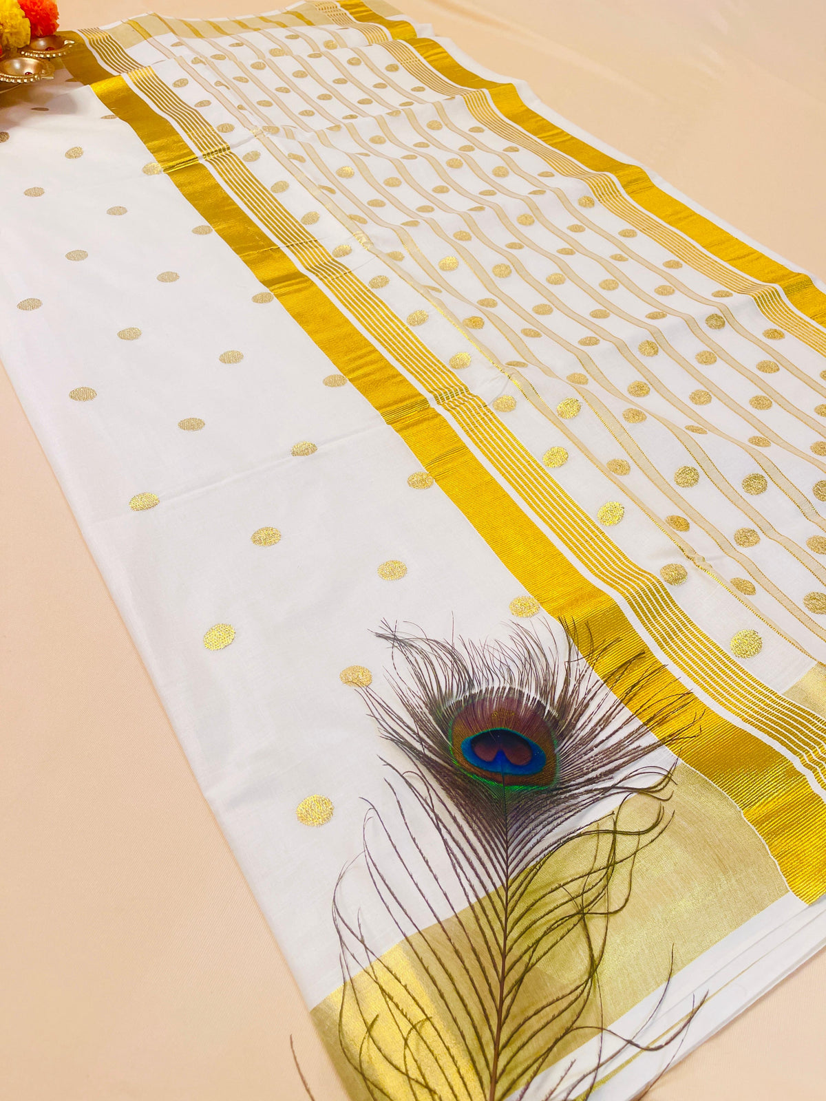 SU 574 Kerala Kasavu Saree with Golden Polka Dots & Border