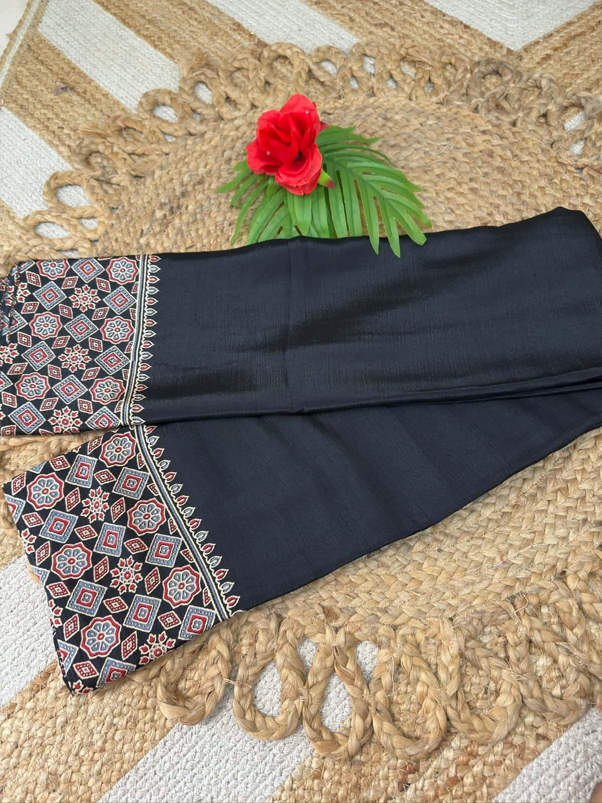 Black Ajrak semi modal silk saree