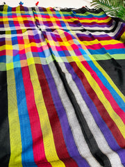 ITHAL ✨🌺BLACK WITH MULTICOLOURED STRIPES KHADI MUL COTTON SAREE (SU 853)