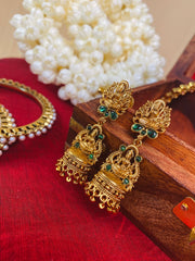 Antique Lakshmi Temple Jhumka Earrings with Green Stones