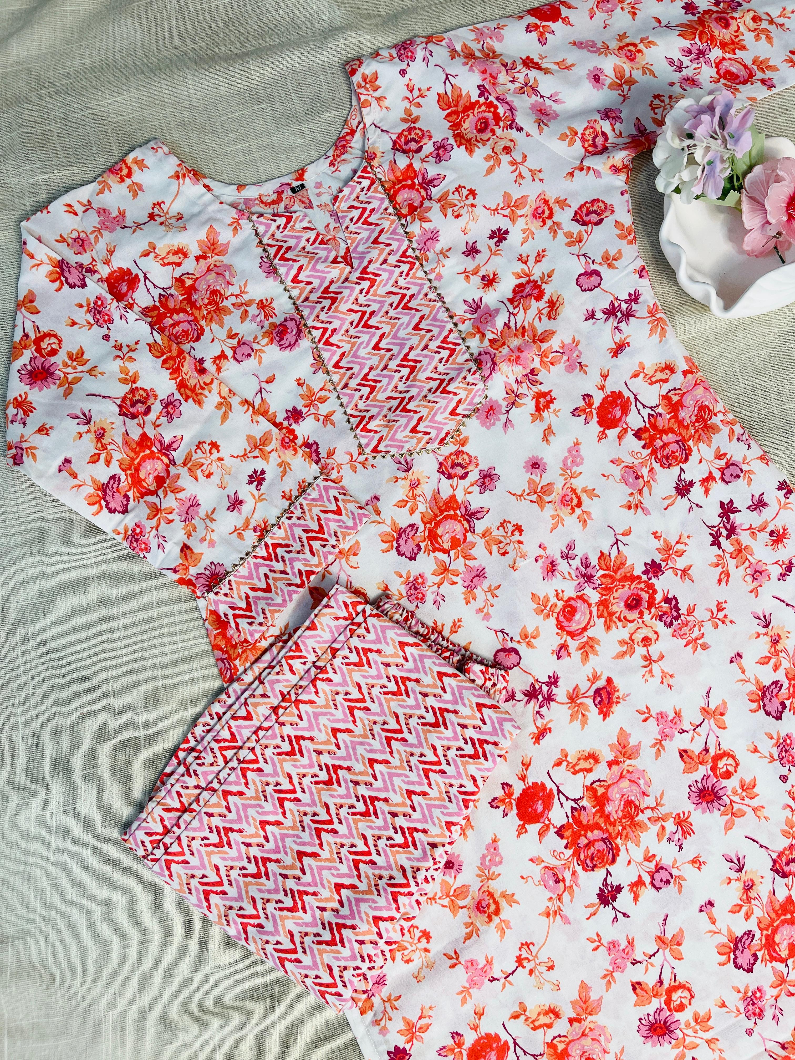 White kurti with floral print & Pants