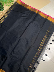 Pink and golden dual border black cotton saree (SU 801)