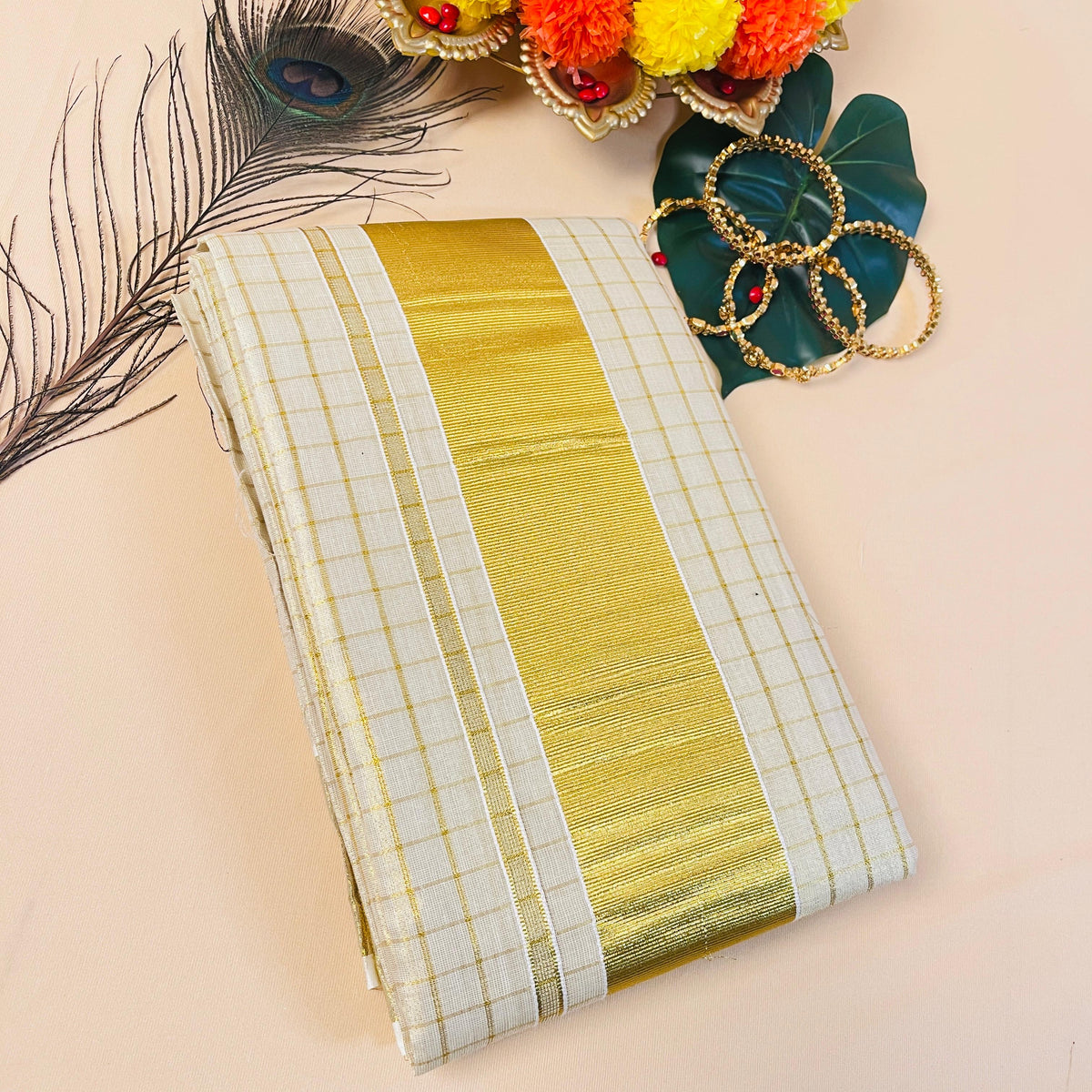 Ready to wear Golden Checked Tissue Kasavu Saree with Broad Border SU 576
