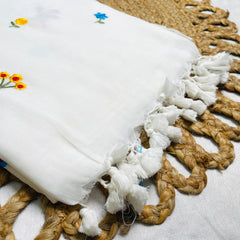 PEARL GARDEN🌸🦋 WHITE WITH COLOURFUL THREAD EMBROIDERY FLORAL SOFT MUL COTTON SAREE(SU 832)