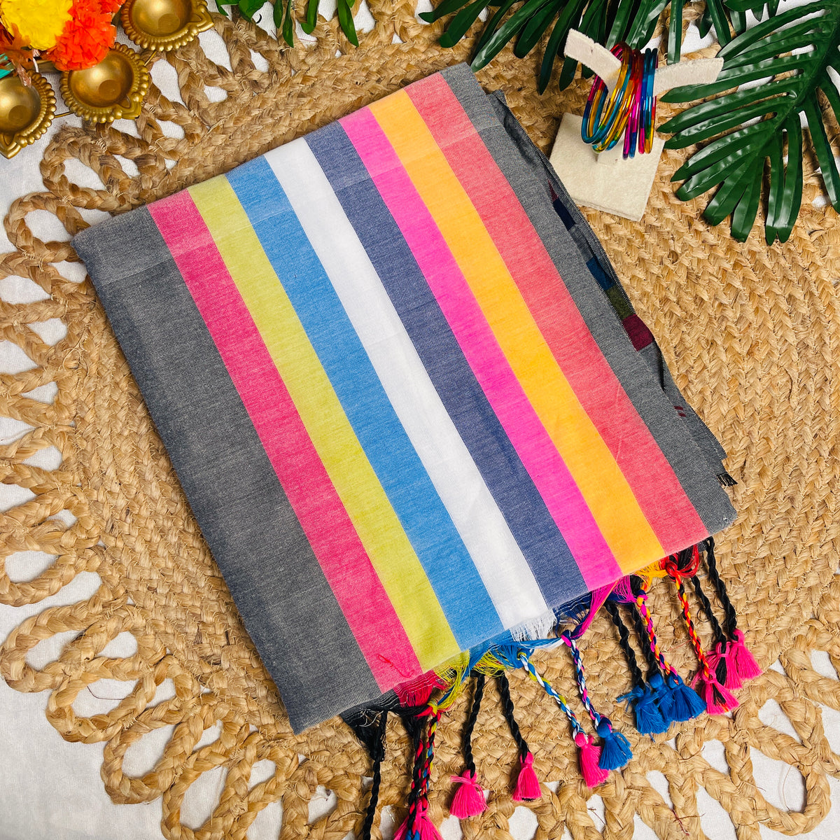 PALLAVI🌸GREY WITH MULITICOLOURED STRIPES KHADI MUL COTTON SAREE (SU 851)