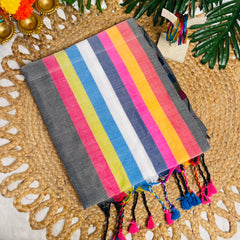 PALLAVI🌸GREY WITH MULITICOLOURED STRIPES KHADI MUL COTTON SAREE (SU 851)
