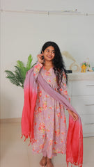 Purple Grey Floral Printed Anarkali Suit Set (SU 32)