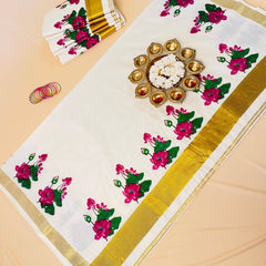 Magenta lotus printed cotton saree - Traditional wear