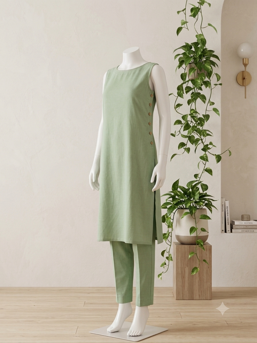 Pastel Green Button Plain Co-ord Set (Sleeves Attached) - SU 338