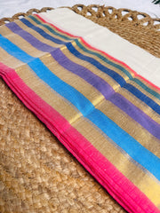 KARTHIKA🌸OFF WHITE WITH MULTICOLOURED BORDER MUL COTTON SAREE (SU 849)
