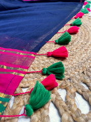 NAVARATNA🌺✨DARK BLUE WITH RANI PINK GOLDEN ZARI BORDER MUL COTTON SAREE (SU 831)