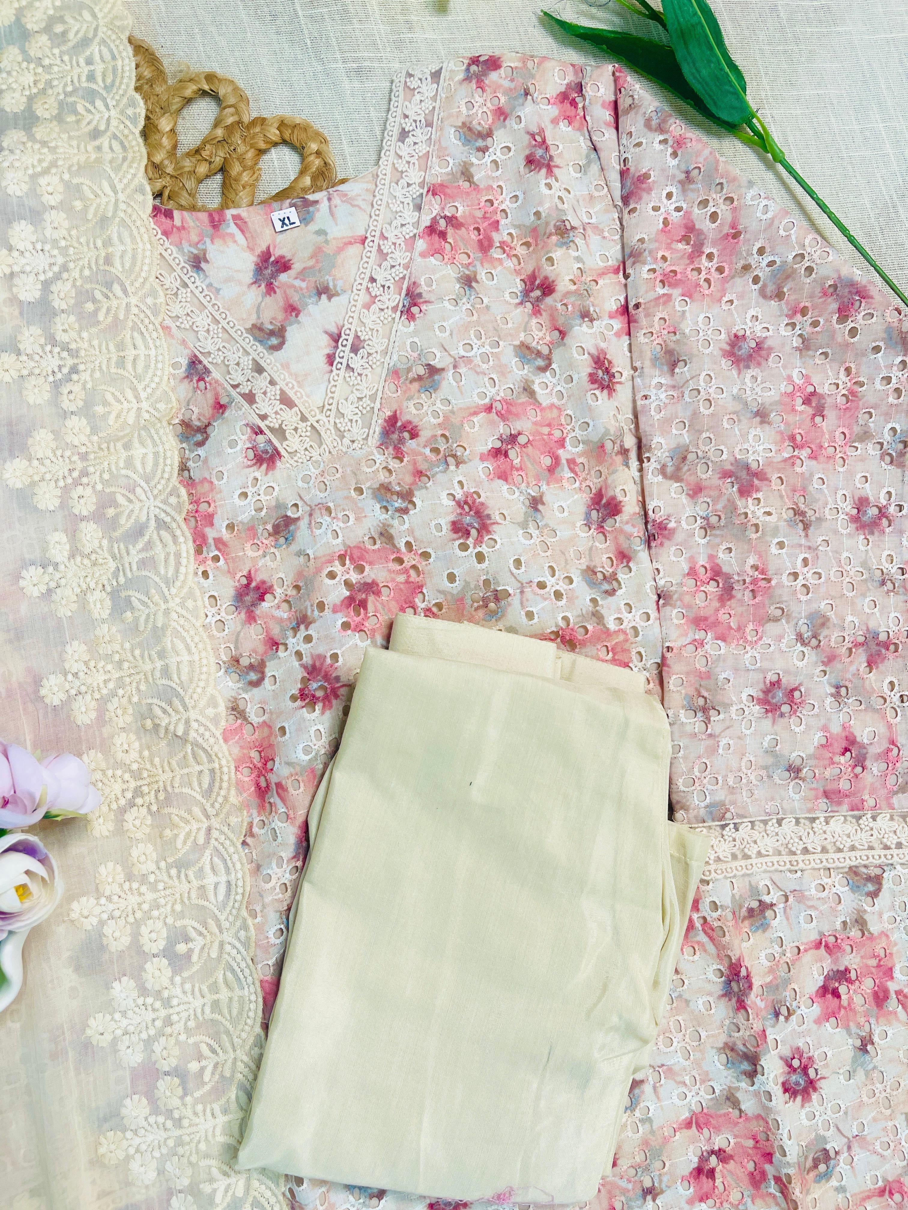 Floral pink cream mix kurta set( including pants & dupatta)