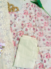 Floral pink cream mix kurta set( including pants & dupatta)