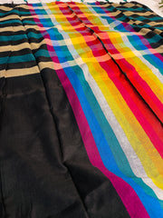 BLACK WITH MULTICOLOURED STRIPES & BORDER CHECK KHADI MUL COTTON SAREE (SU 852)