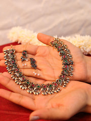 Antique Peacock Motif Oxidized Necklace Set with Beaded Earrings