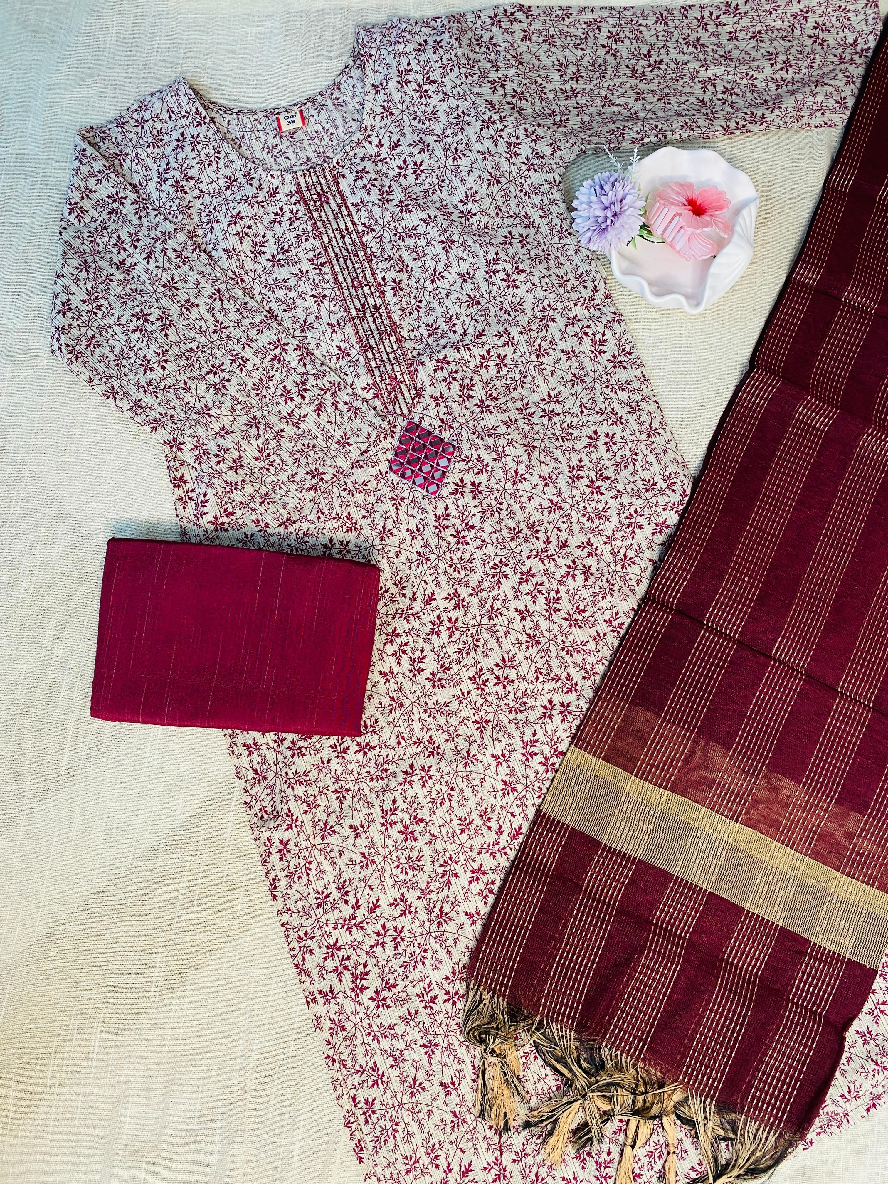Maroon kurthi set with centre mirror work