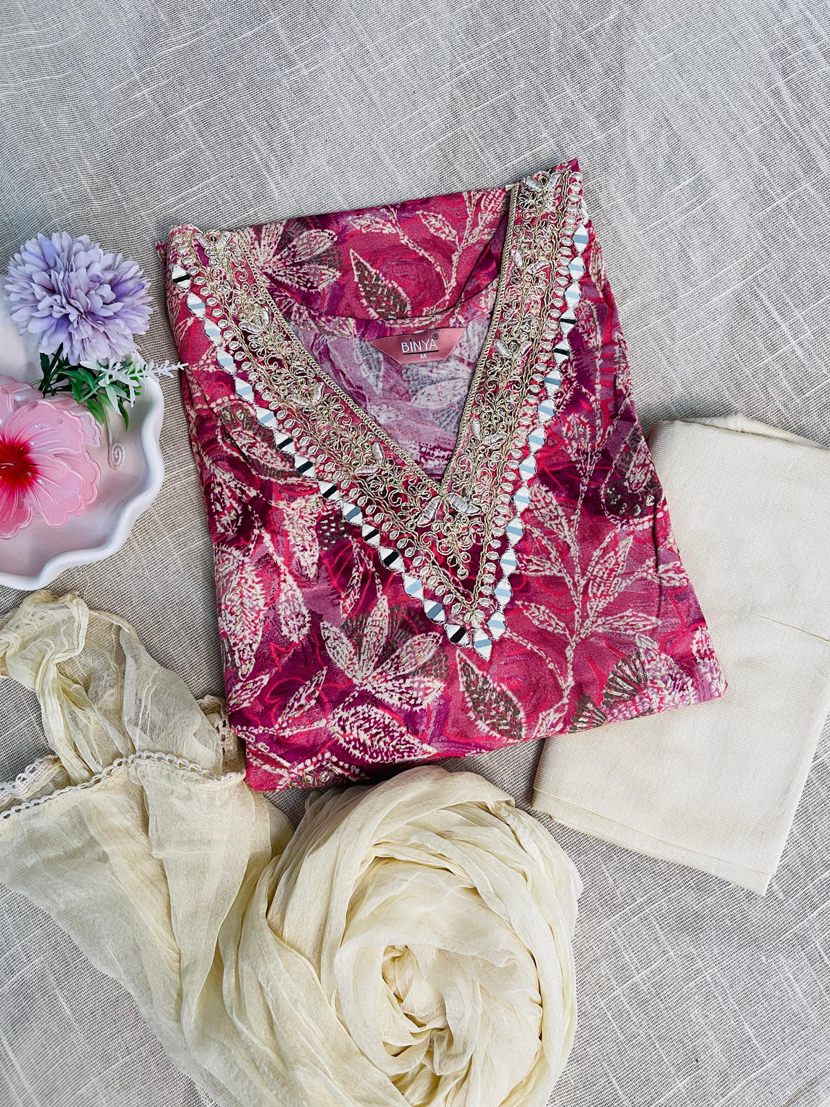 Pink top v neck mirror, cream pants & dupetta