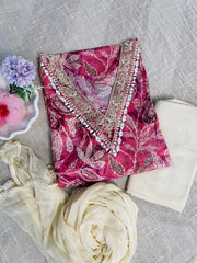 Pink top v neck mirror, cream pants & dupetta