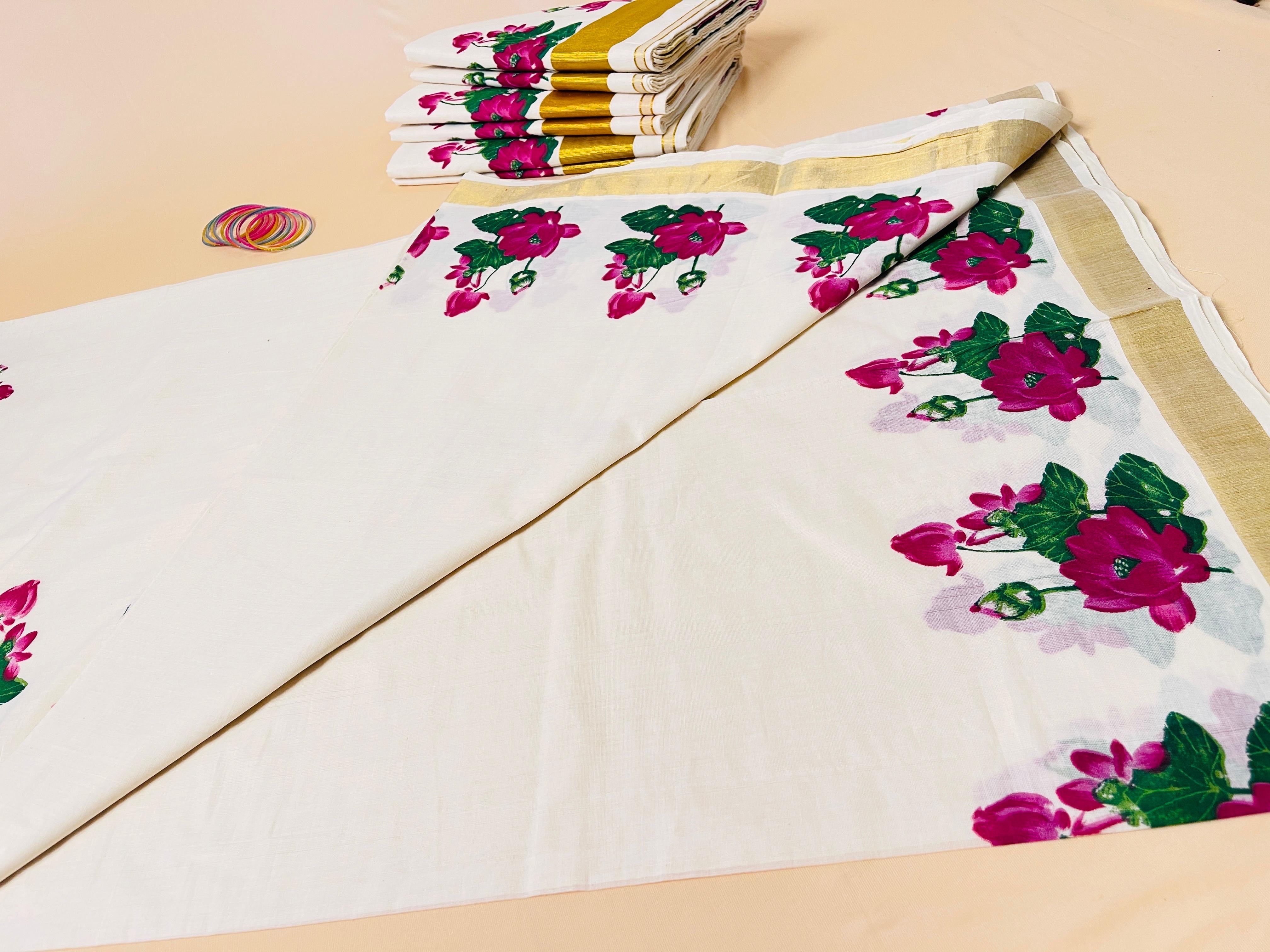 Magenta lotus printed cotton saree - Traditional wear