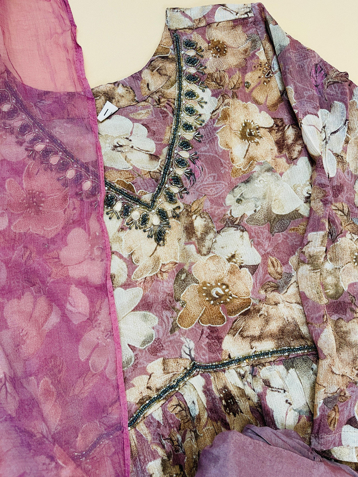 Mauve & Beige Floral Georgette Anarkali Suit Set
