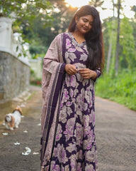 Grape wine with brown floral (Top,pants and Dupatta)