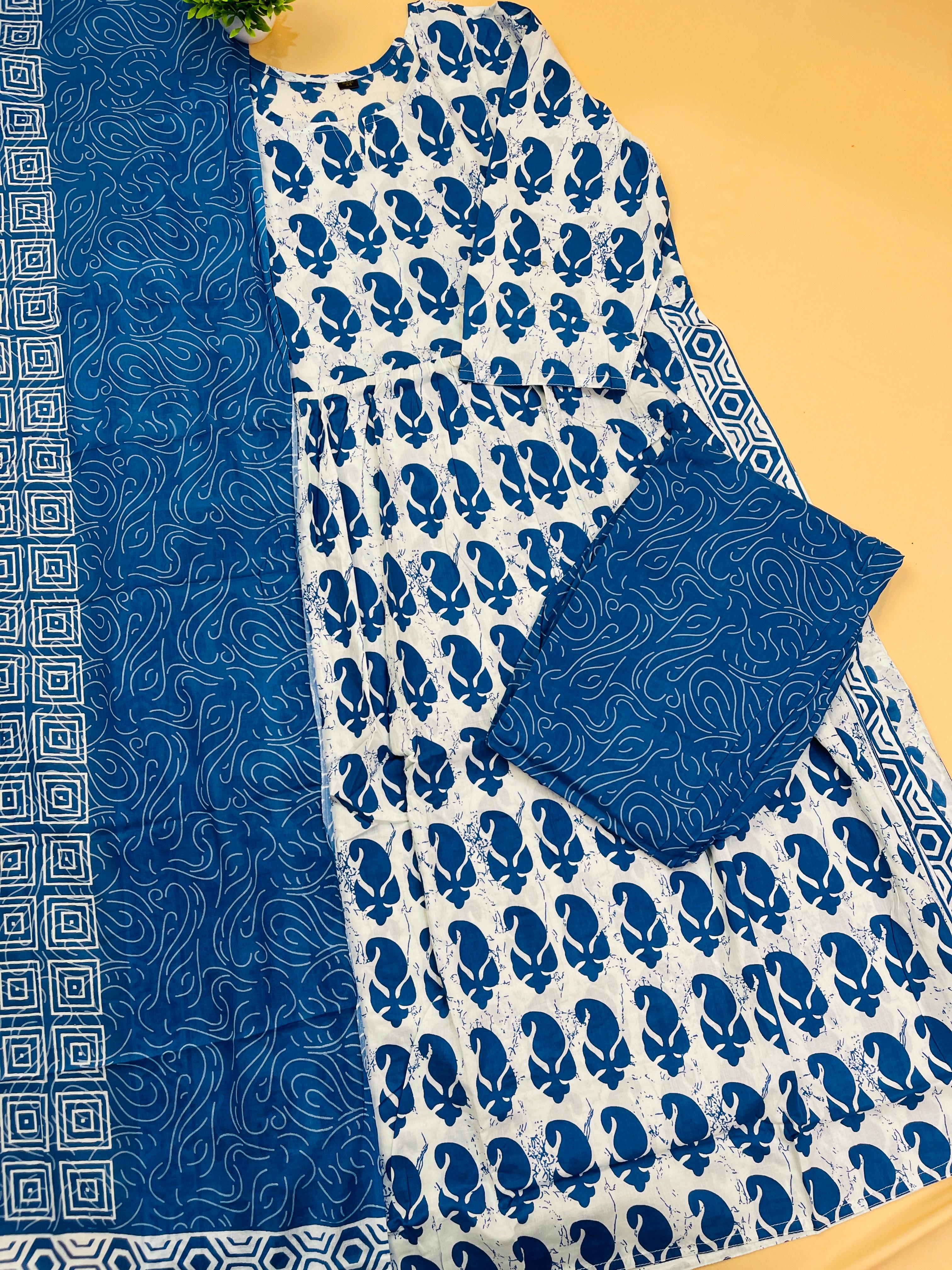 White & Blue Niara cut Kurtha Set - SU 92