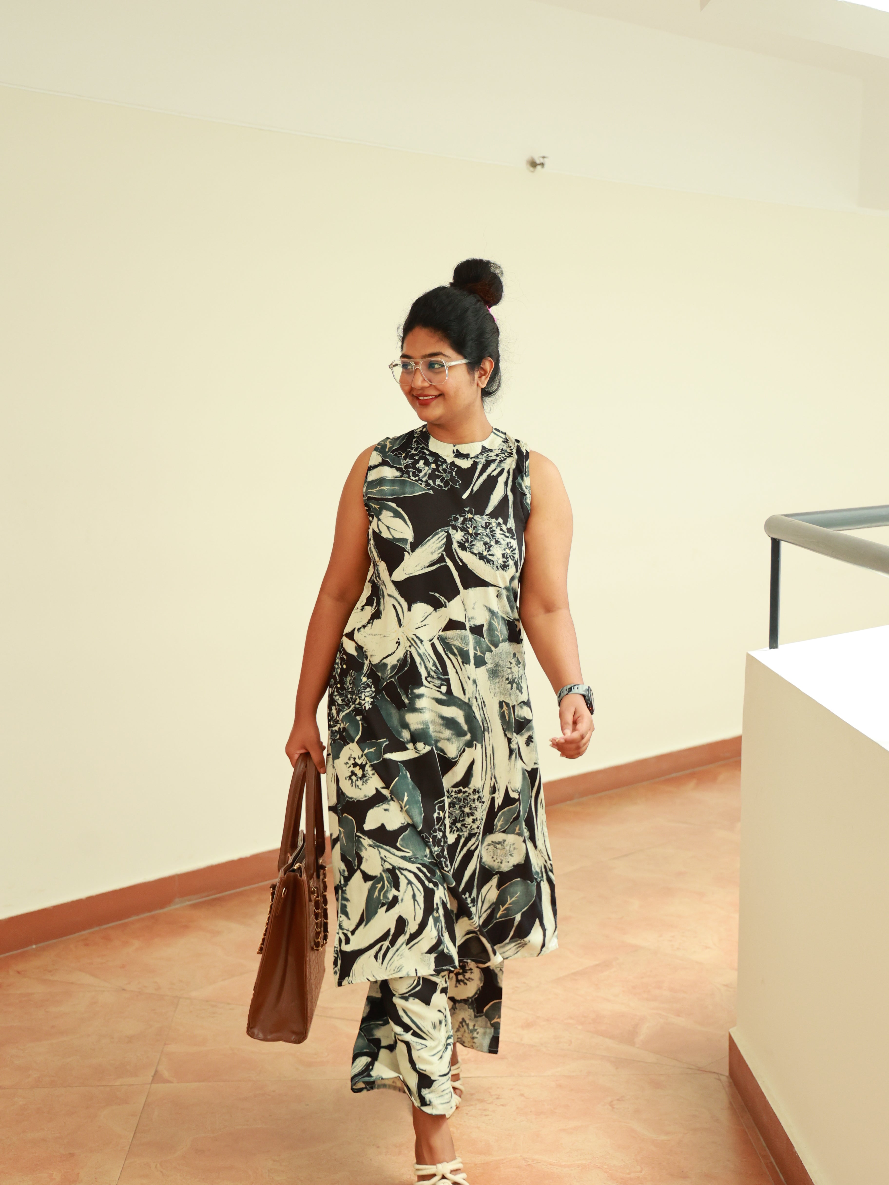 Black & White Abstract Floral Printed Co-ord Set - SU 414