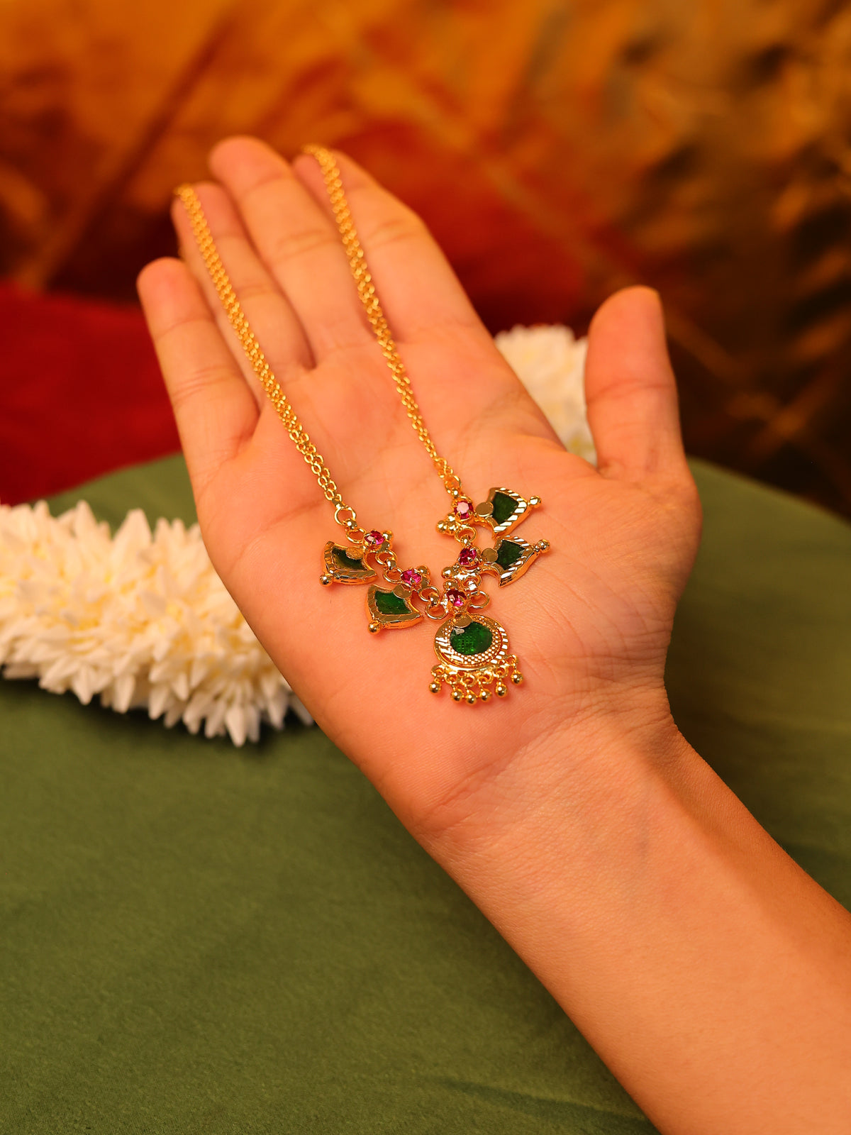 Temple Style Green & Pink Pendant Necklace ✨