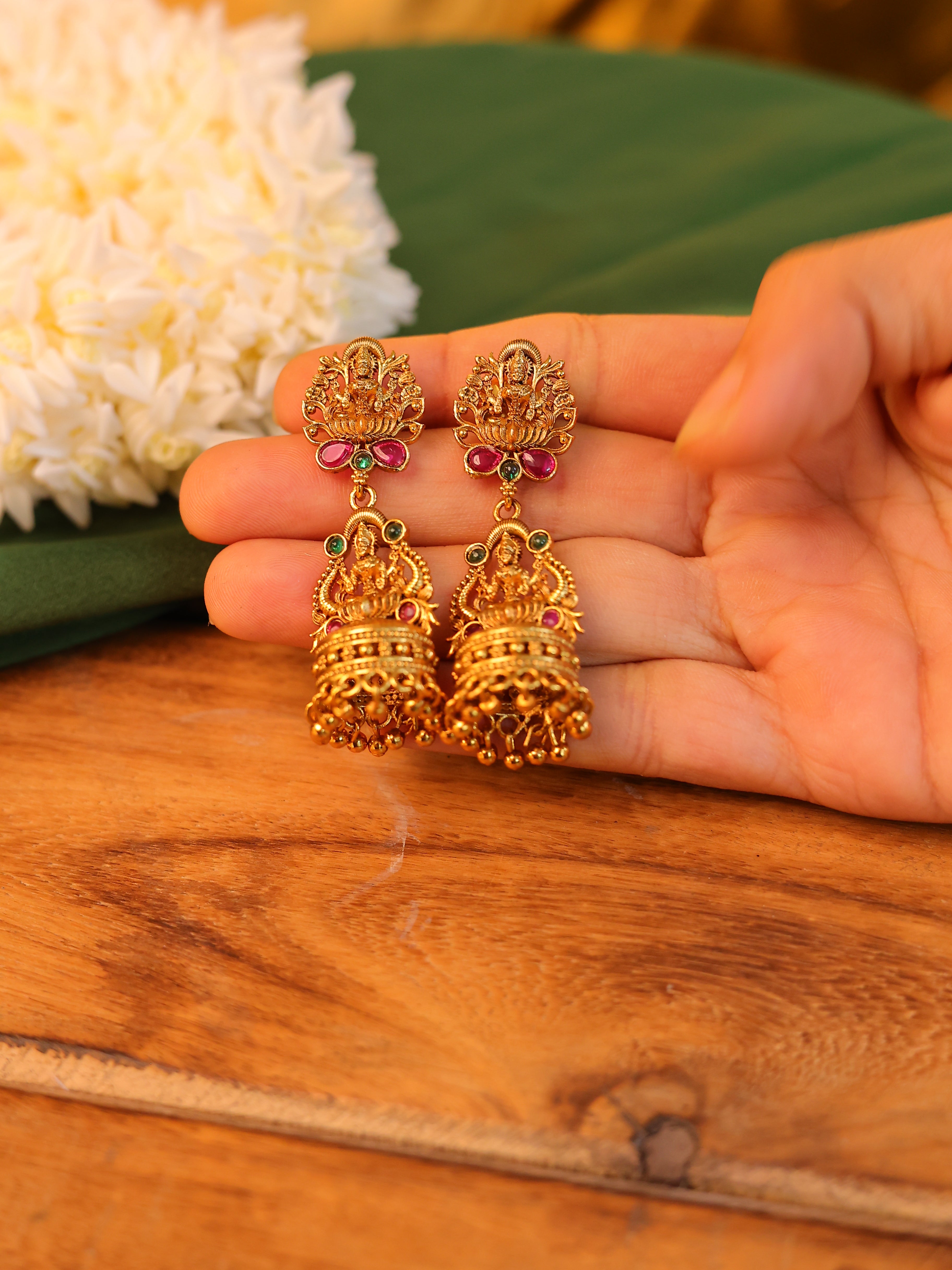 Temple Lekshmi Pink & Green Jhumka