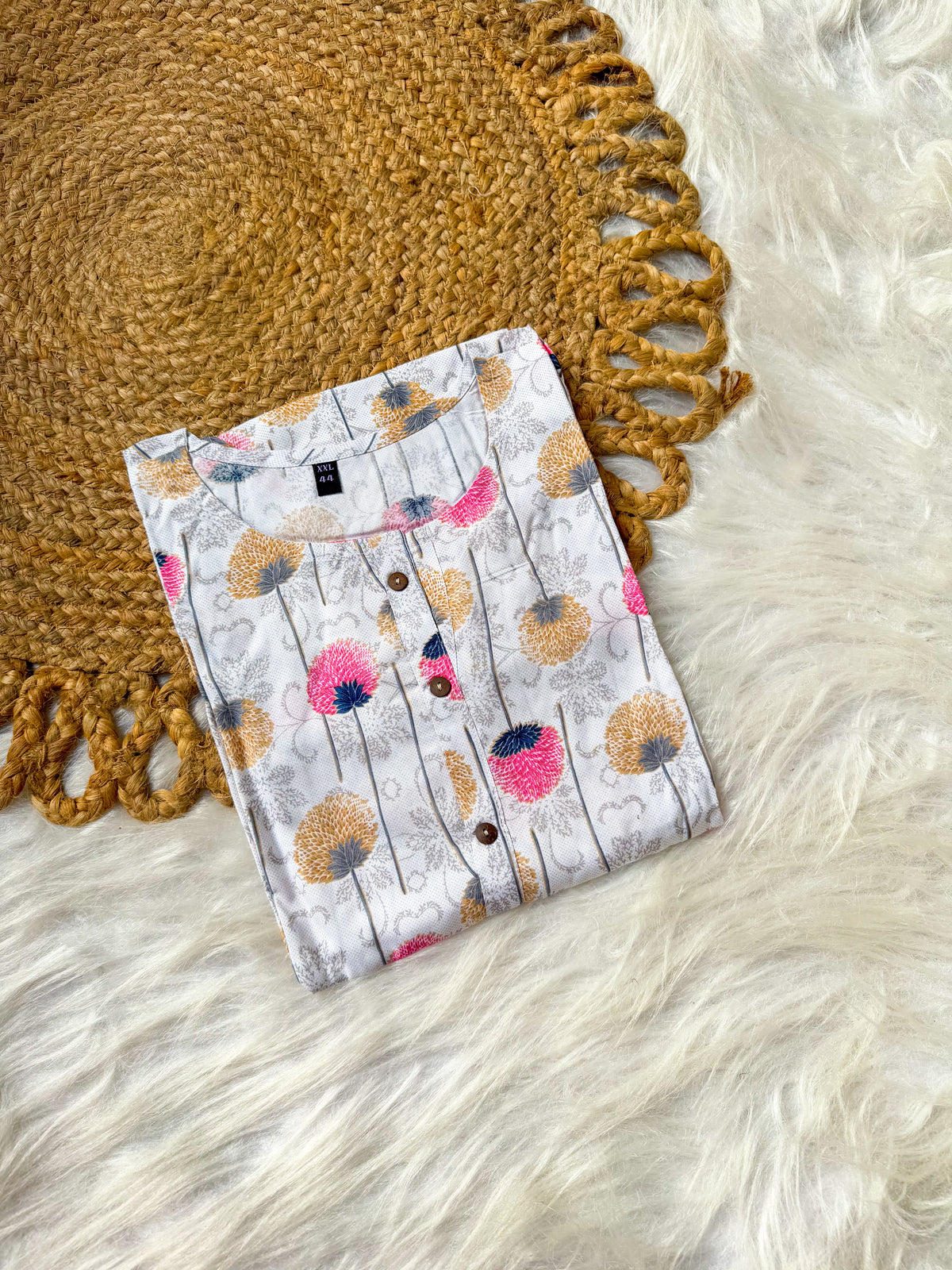 White Kurti Top With Pink & Floral Print