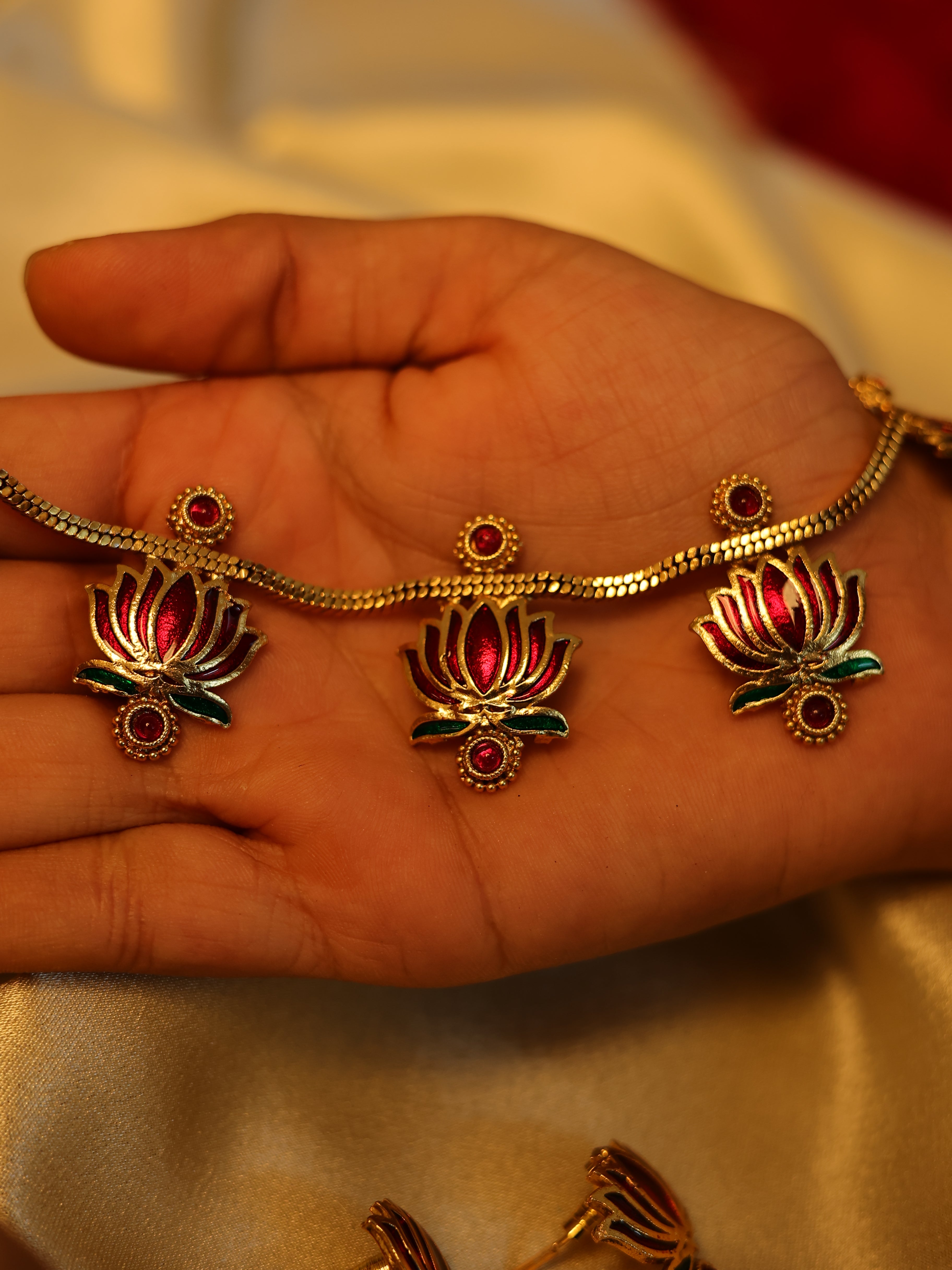 Red Lotus Necklace with round base stone ✨