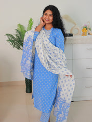 Elegant Ocean Blue Floral Cotton Kurta Set (SU 30)