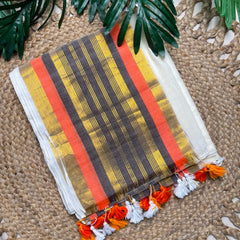 SWARNALATHA✨🧡KASAVU STRIPED WITH ORANGE & BLACK BORDER MUL COTTON SAREE(SU 873)