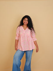 PINK ALIA CUT FLORAL SHORT KURTHI (SU405)