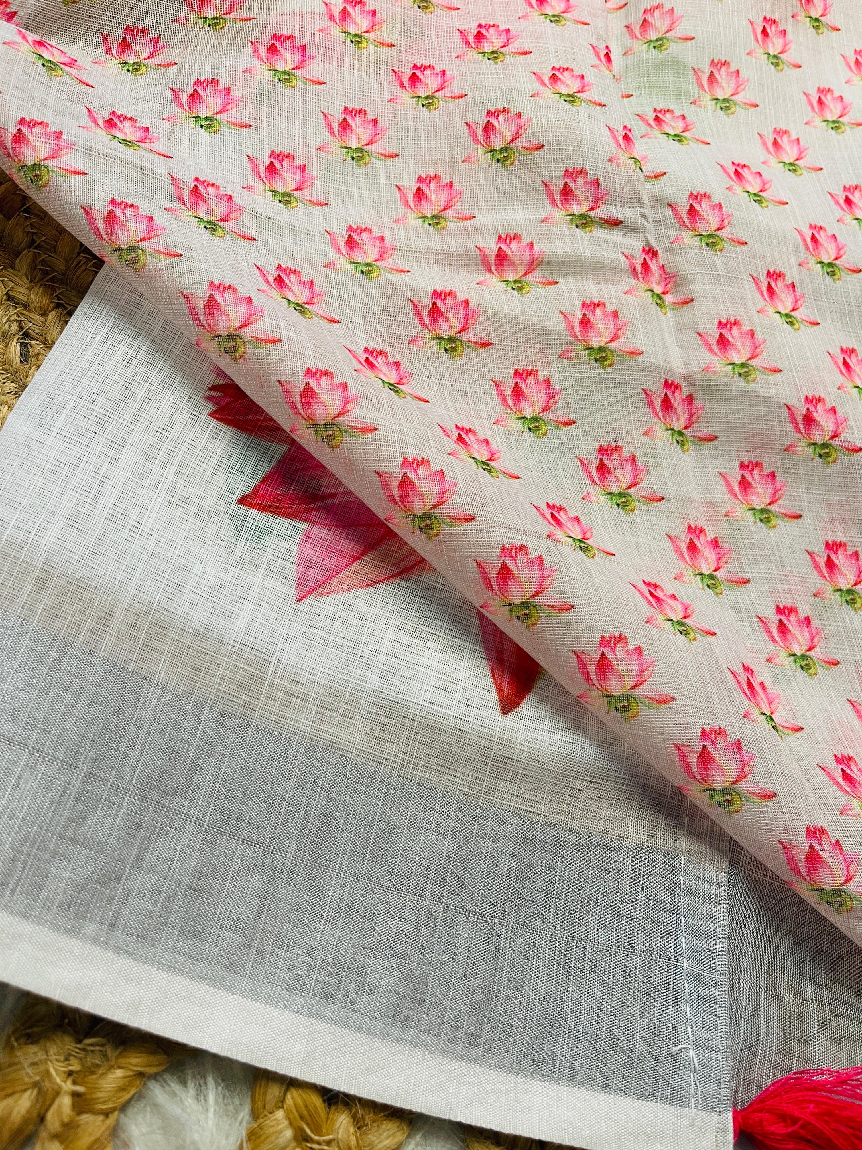 Silver Border White Linen Saree with Lotus Print